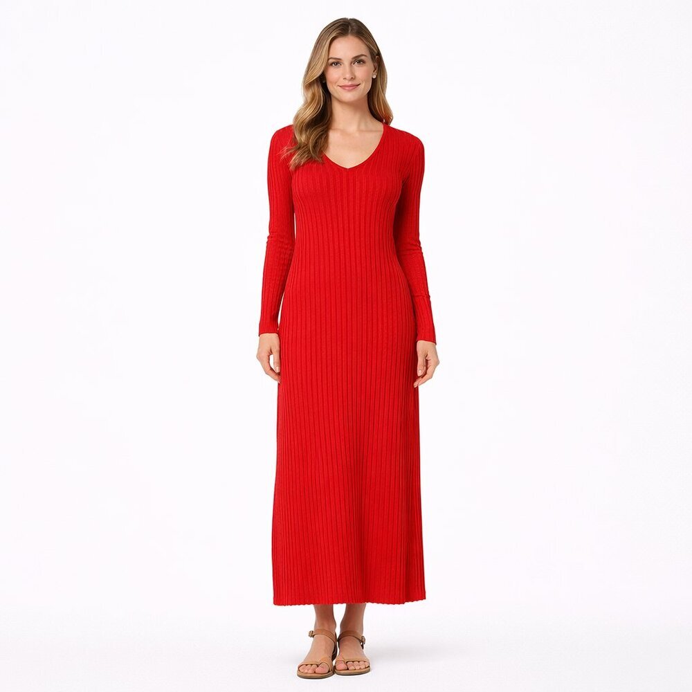 MONKI Ribbed V Neck Midi Dress Long Sleeve Red Bright L
